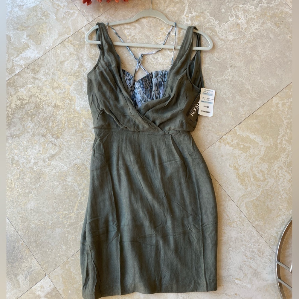 NWT Addison the Label Olive Green Silk Cocktail Dress with built in bustier - S